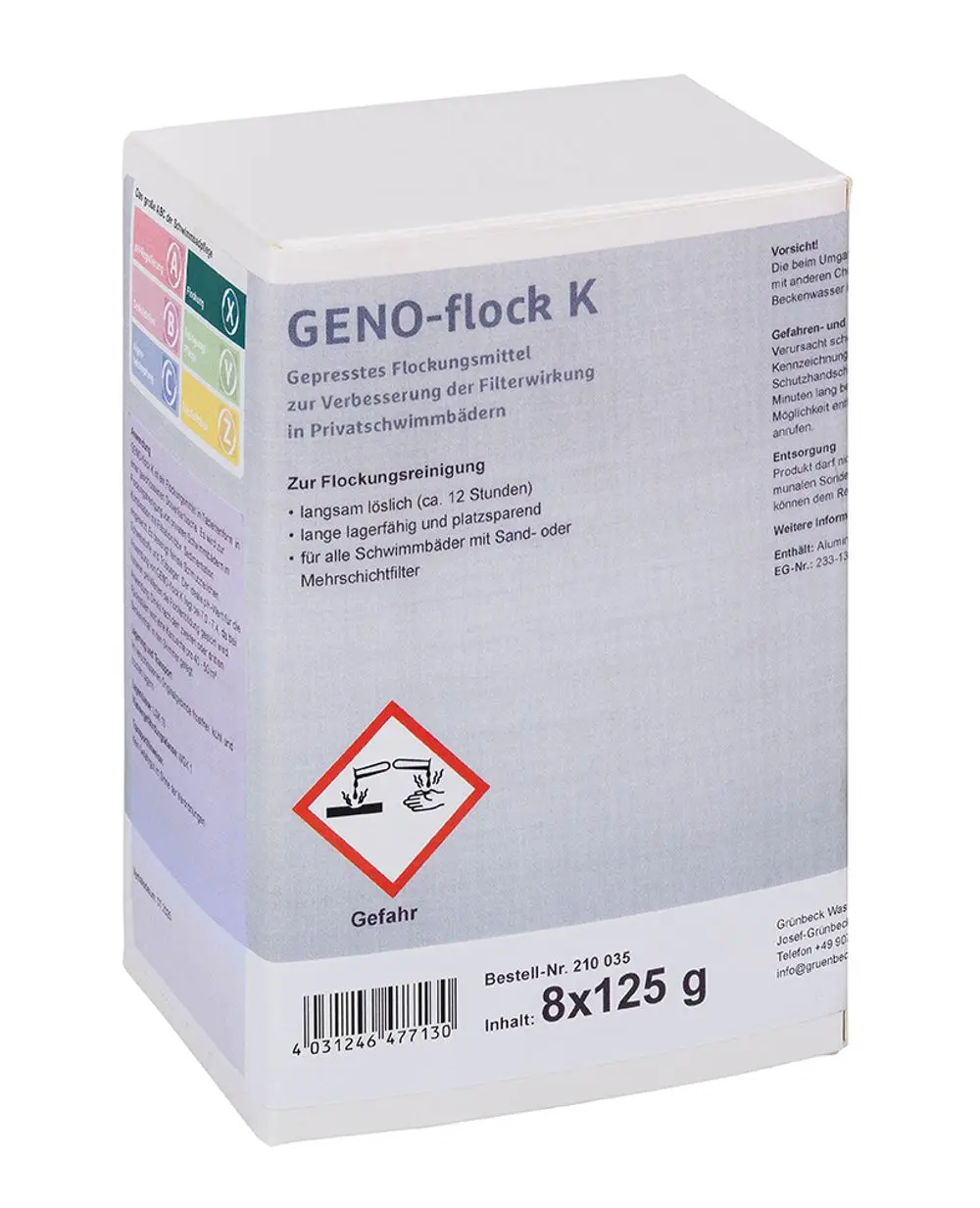 Karton mit flockungsmittel zur Verbesserung der Filterwirkung in Schwimmbecken. Enthält mehrere Kartuschen. Hersteller: Grünbeck. Warnhinweise und Sicherheitssymbole vorhanden.